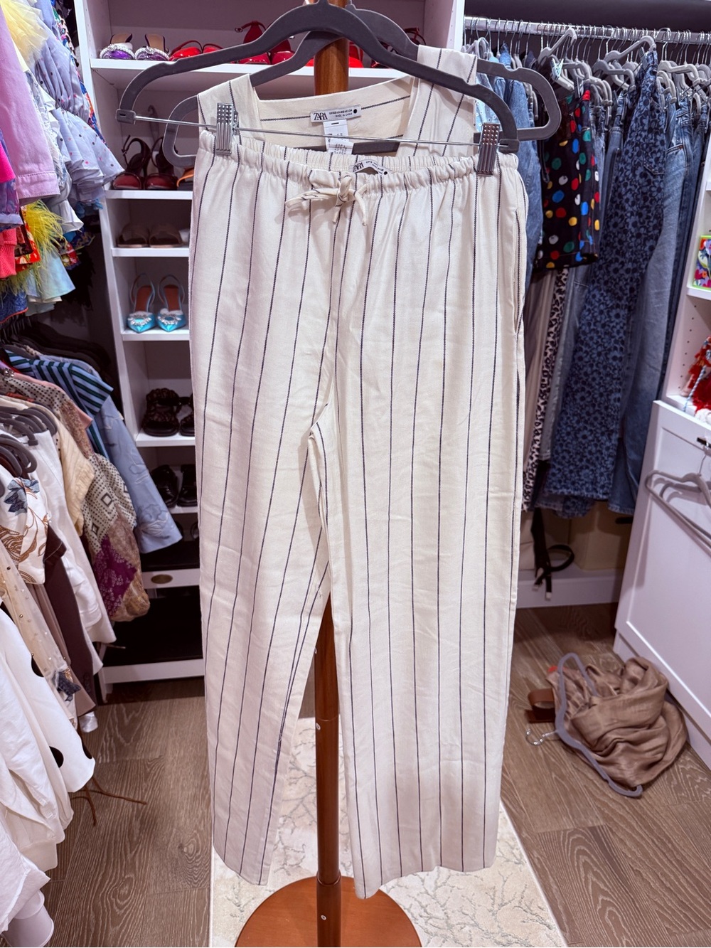 ZAra Cream Wide-Leg Pinstripe Drawstring Pants